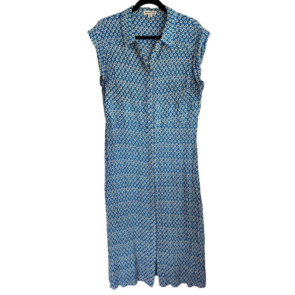 Whistles Astrix Floral Midi Dress Blue Button Front High Slit Short Sleeve Sz 12 - Picture 5 of 10